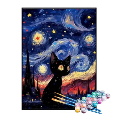 Paint by Numbers Kit – Black Kitten Under the Starry Night