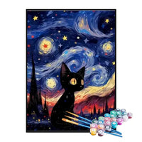 Paint by Numbers Kit – Black Kitten Under the Starry Night