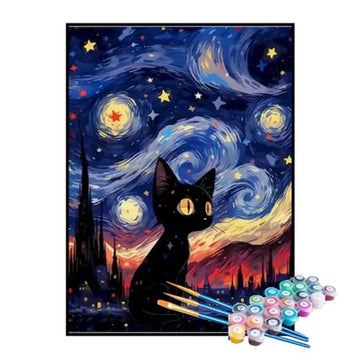 Paint by Numbers Kit – Black Kitten Under the Starry Night