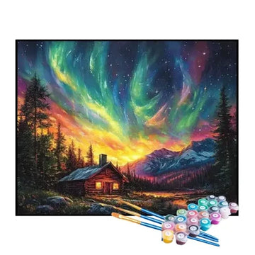 Paint by Numbers Kit – Cabin Beneath the Northern Lights