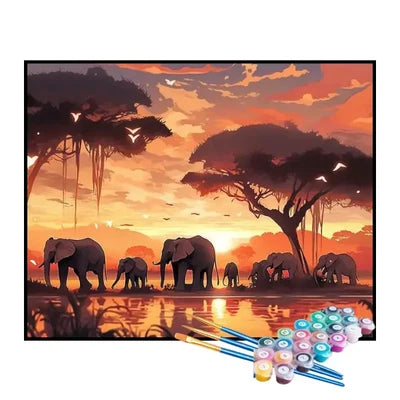 Paint by Numbers Kit – Elephant Herd at Sunset
