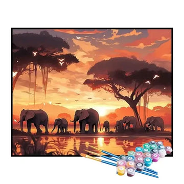 Paint by Numbers Kit – Elephant Herd at Sunset