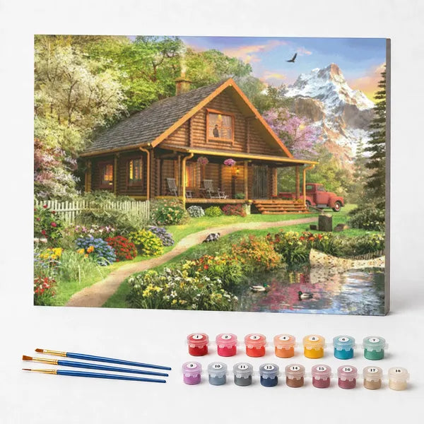 Paint by Numbers Kit – Mountain Cabin in Bloom