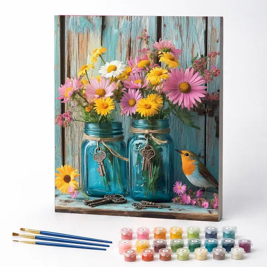 Wildflowers in Blue Mason Jars - Paint by Numbers Kit