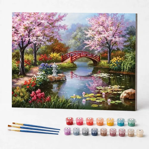 Red Bridge in Bloom - Paint by Numbers Kit