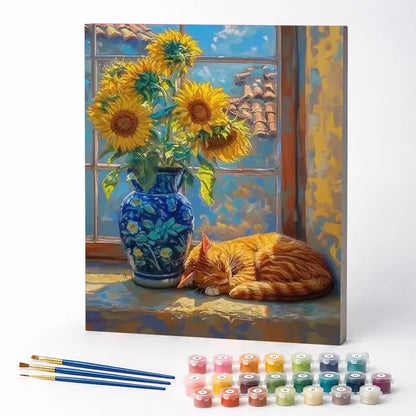 Sunlit Nap with Sunflowers - Paint by Numbers Kit